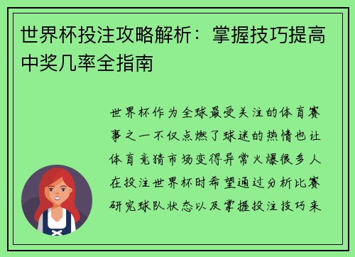 世界杯投注攻略解析：掌握技巧提高中奖几率全指南