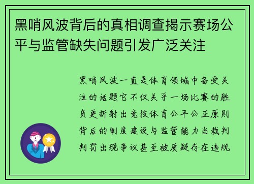黑哨风波背后的真相调查揭示赛场公平与监管缺失问题引发广泛关注 黑哨风波背后的真相调查揭示赛场公平与监管缺失问题引发广泛关注